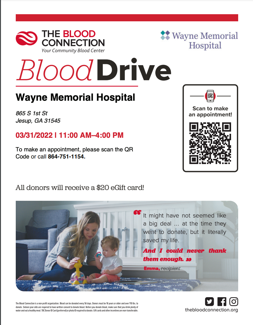 Blood Drive Thursday, March 31 at Wayne Memorial Hospital