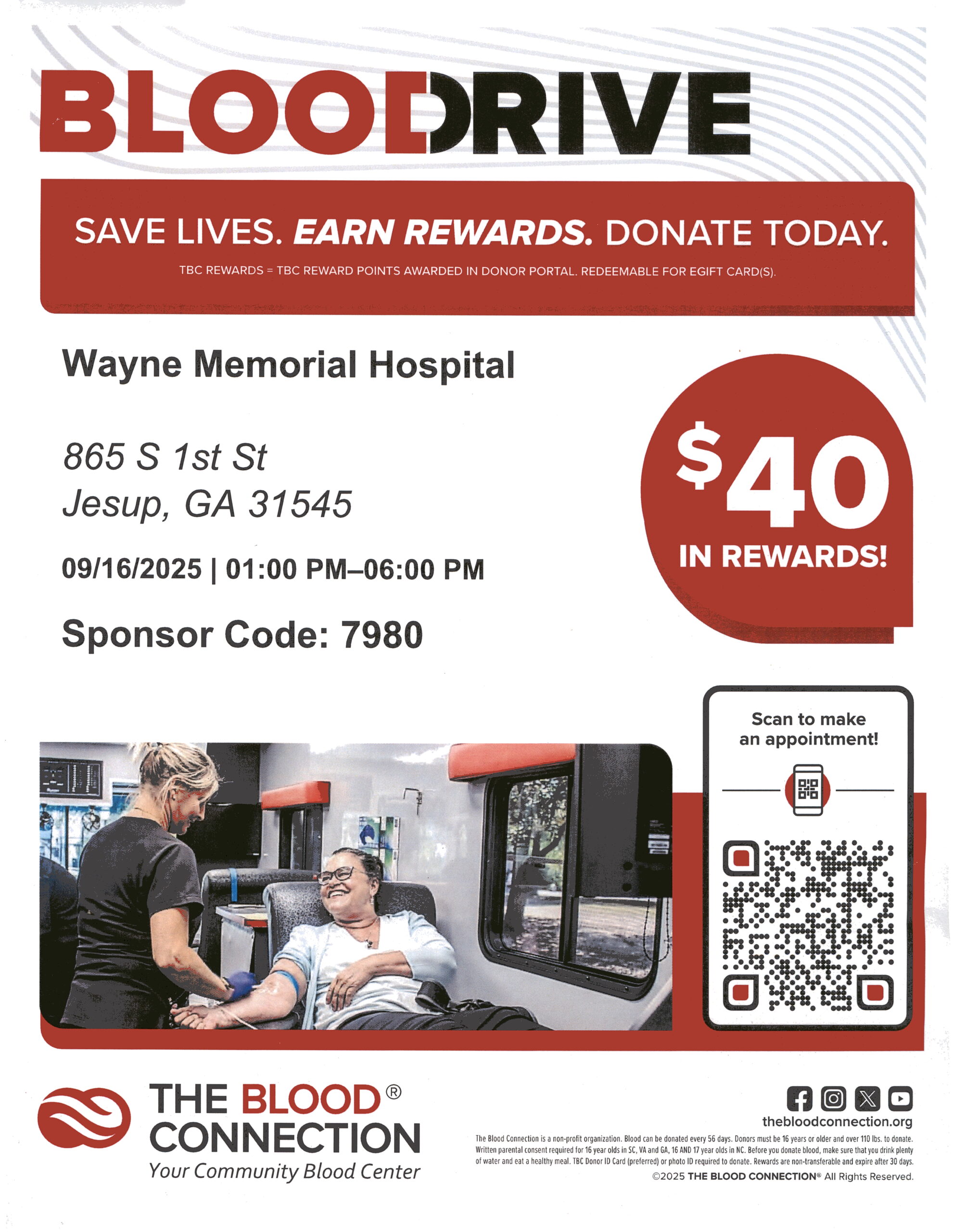 Blood Drive Tuesday, September 16, 1-6 pm at Wayne Memorial Hospital  $40 in Rewards for Donors
